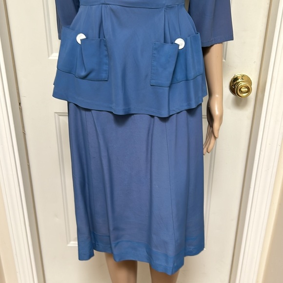VTG Women's 40s Blue 2 Piece Top & Skirt Set 1940s Dress Suit Peplum Outfit - Picture 3 of 10